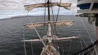 Up the rigging on the S&oslash;ren Larsen at the 2025 Wooden Boat Festival