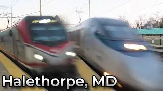 110+ MPH FAST Amtrak Trains at MARC Train Station in Halethorpe, MD