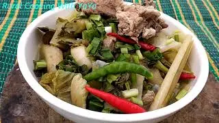 YaYa Cooking Pork With Green Mustard - Skill Cooking Under Tree