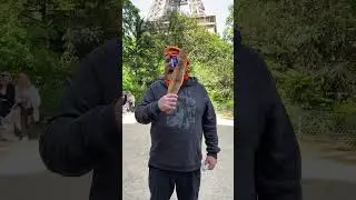 Large man with hat reviews France&rsquo;s Nerf melee baguette since there&rsquo;s no hyper available 🥖 #beret