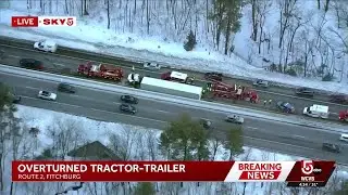 Sky 5: Heavy traffic after tractor-trailer overturns on Route 2 in Fitchburg