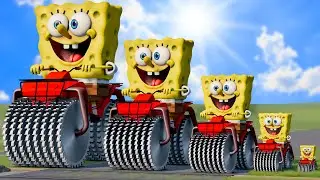 Big & Small SpongeBob on a Quad Bike Double Monster Saw Wheels vs Train | BeamNG.Drive