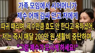 가족 모임에서 시어머니가 제수 어깨 감싸 안고 저에게 따귀 때리며, 제수만큼 효도 안 한다고 욕하셨어. 저는 즉시 매달 200만 원 생활비 중단하며. 