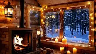 Cozy caffe Jazz & Winter Ambience | Cozy Cabin Fireplace & Heavy Snowfall