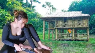 2-Story Bamboo House Building TIMELAPSE: Alone Girl Bamboo House And Kitchen. Start To Finish
