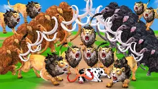 10 Woolly Mammoth Elephant Vs 10 Giant Lions Fight Cow Cartoon Buffalo Saved by Mammoth Vs Lion