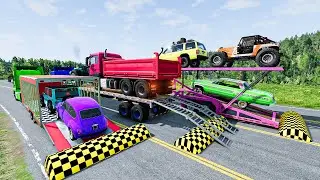 Double flatbed trailer truck cars transportation | BeamNG drive Live #167
