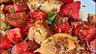 Pan Fried Dumpling + Tomato Salad with Chile Crunch Vinaigrette