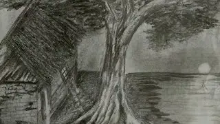 How to draw a tree ,house and water in the landscape