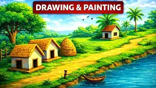 Beautiful Village Scenery Drawing Easy Nature Landscape Drawing for Beginners #drawing #foryou #art