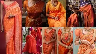Beautiful ORANGE saree styling ideas with contrast blouse idea,New Look ORANGE saree with jewellery