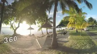 360 VR Sunset scene of tropical resort on ocean coast, Mauritius