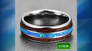 Tungsten Ring. Tungsten Blue-Green Opal with Koa Wood Grain Tri inlay Ring Tungsten 8 mm Ring.