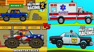 Hill Cllimb Racing 1 vs Hill Climb Racing 2 - MONSTER TRUCK VS SUPER DIESEL VS AMBULANCE VS POLICE