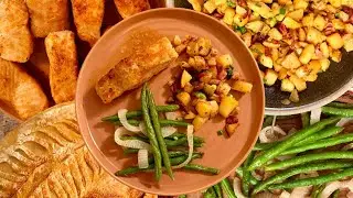 Акула в бурбонной глазури, жареный картофель и хлеб на закваске