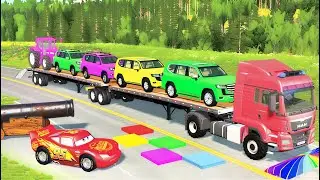 TRANSPORTING PIXAR CARS & FRUITS WITH COLORED & JOHN DEERE vs CLAAS vs TRACTORS - BeamNG.drive #983