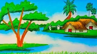 A Peaceful Village by the River | Simple Nature Scenery Drawing