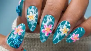Blue Ocean Water Nail Art With 3D Plumeria Flower🌺 | Summer Nails