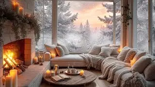 Quiet Winter Cabin Evening ❄️🔥 Crackling Fireplace, Falling Snow & Sunset Glow