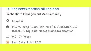 DIPLOMA MECHANICAL ENGINEERING JOB 2021 ||QC ENGINEER FOR MECHANICAL ENGINEER 2021 || MUMBAI