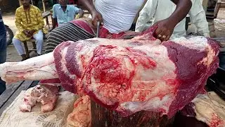Beef cutting skills by professional butcher at local meat market in Bangladesh, Fast meat cutting