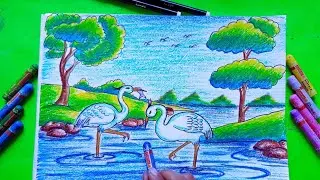 How to draw  scenery painting/ heron drawing with watercolor/very easy step by step drawing 👍