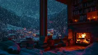 A Quiet Snowy Cabin at Night with Fireplace Crackling Sounds for Deep Sleep, Focus and Relaxation