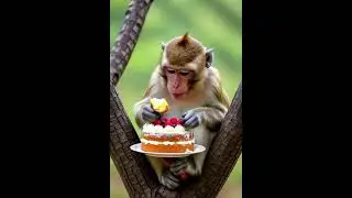 A monkey eating a Cake on the tree #monkey #eating #cake #asmr