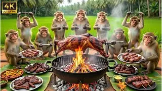 5 Wild Monkeys Build a Jungle BBQ Grill & Roast Massive Lamb | Ultimate Survival Feast Gone Wrong