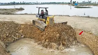 Nicely Lad Filling Construction Process Use Dozer Komatsu D61PX With Dump Truck Unloading