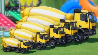 Mixer Trucks of Colors! SCANIA, JCB, MCQUEEN WITH DOUBLE FLATBED TRAILER TRUCK TO GARAGE, FS22 #A150