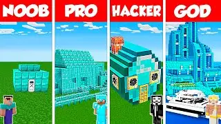 Minecraft Battle: NOOB vs PRO vs HACKER vs GOD: DIAMOND BLOCK HOUSE BASE BUILD CHALLENGE / Animation