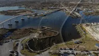 Surf City Bridge, NC, aerial drone video at sunset