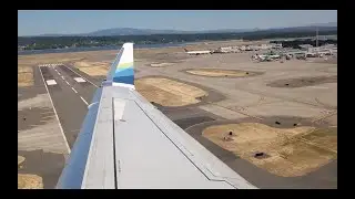 Alaska Airlines pushback, taxi and takeoff from Portland Airport / PDX