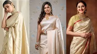 Classy Half white silk sarees with contrast blouse, kanchipuram white silk sarees for a  ROYAL LOOK