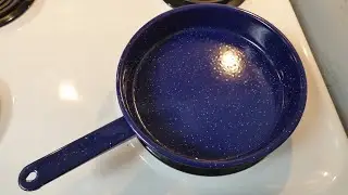 Blue Speckled Enamelware Fry pan, Eggs Over Easy