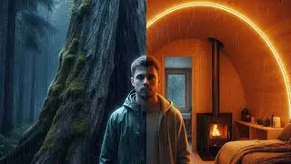 Building a Secret Modern Shelter Inside a Massive Hollow Tree Log Guarded by a Wild Wolf | #survival