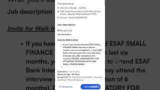Esaf Small Finance Bank Walk in Interview | Esaf Bank Vacancy #job #hirings #walkininterview