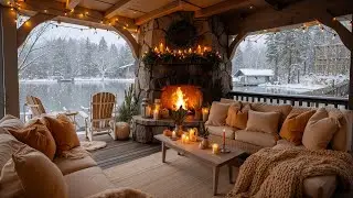 Tranquil Winter Morning Ambience ❄️ Cozy Porch Fireplace & Frozen Lake for Good Mood - ASMR Sound