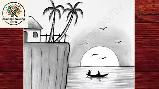 Beautiful Village Scenery with River and Boat⛵|Simple Landscape Pencil Sketch of a House and River🏞️