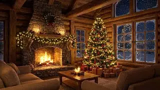 Christmas Ambience Vibes Warm Fireplace🎄Cozy Cabin Night❄️Soft Piano, Snowfall & Crackling Fire