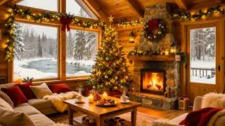 Peaceful Christmas Night Fireplace Ambience 🎅 Cozy Winter Cabin with Soft Christmas Jazz & Snowfall