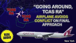 Самолет следует рекомендациям TCAS по разрешению ситуации, чтобы избежать столкновения на конечном участке аэродрома имени Кеннеди в Нью-Йорке. Real ATC
