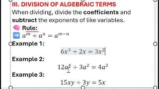 DIVISION OF ALGEBRAIC TERMS/ILOCANO EXPLANATION ( ACADEMY ENTRANCE EXAMS) BASIC