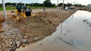 Investigation Landfill Dumping Operation! Garbage Truck Dump Rock Along Canal, Bulldozer Push Rock
