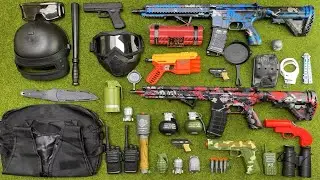 Realistic toy gun unboxing, red M416 assault rifle, blue M416 gel blaster, vest, tactical helmet