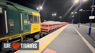 Class 66 top and tail engineering train passes through Barnetby