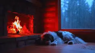 Cozy Fireplace Ambience with Sleeping Dog & Rain | Ultimate Winter Relaxation Scene