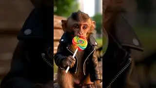 Baby Monkey Delighted by a Rainbow Lollipop 🌈🍭#shorts  #babymonkeyadventures