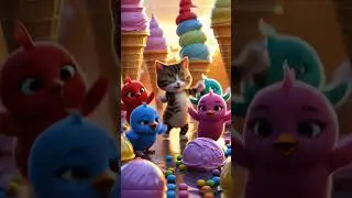 kitten and colorful chicks dancing among giant pastel ice cream and candy #kitten #cute #shorts